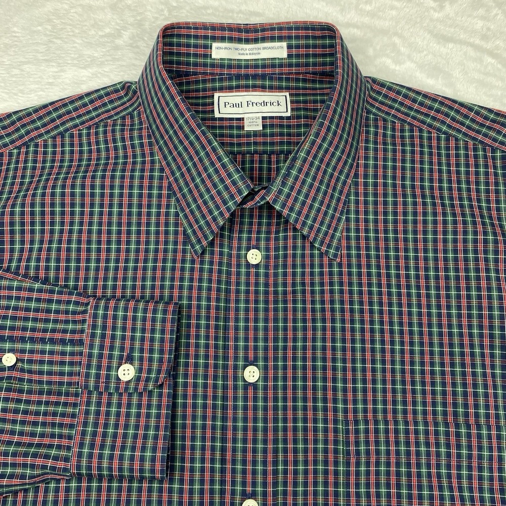 Paul Fredrick Dress Shirt Mens 17.5-34 Blue/Red/Green Plaid Non Iron